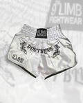 White 9th Limb “Don’t Blink” Muay Thai Shorts – Satin Fightwear