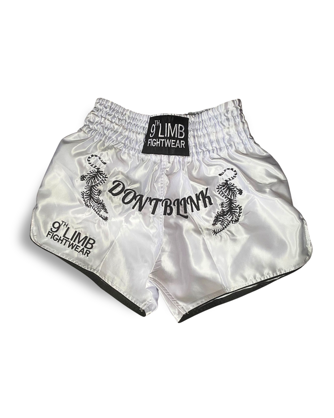 White 9th Limb “Don’t Blink” Muay Thai Shorts – Satin Fightwear