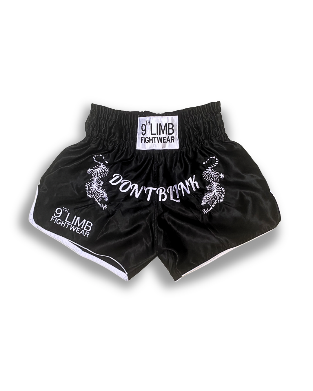 Black 9th Limb “Don’t Blink” Muay Thai Shorts – Black Satin Fightwear